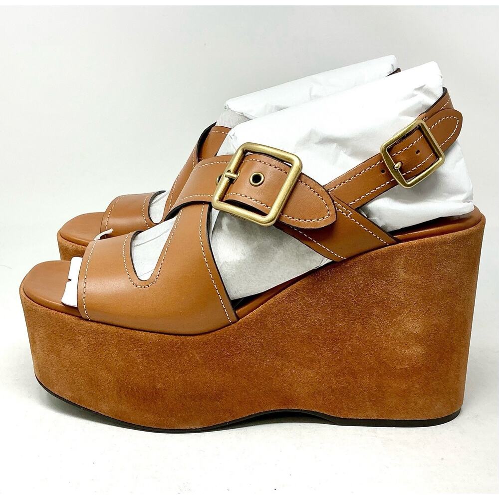 Coach Archival Buckle Platform Sandals Tan Cognac Suede Wedge Size 10 NIB - Picture 10 of 15